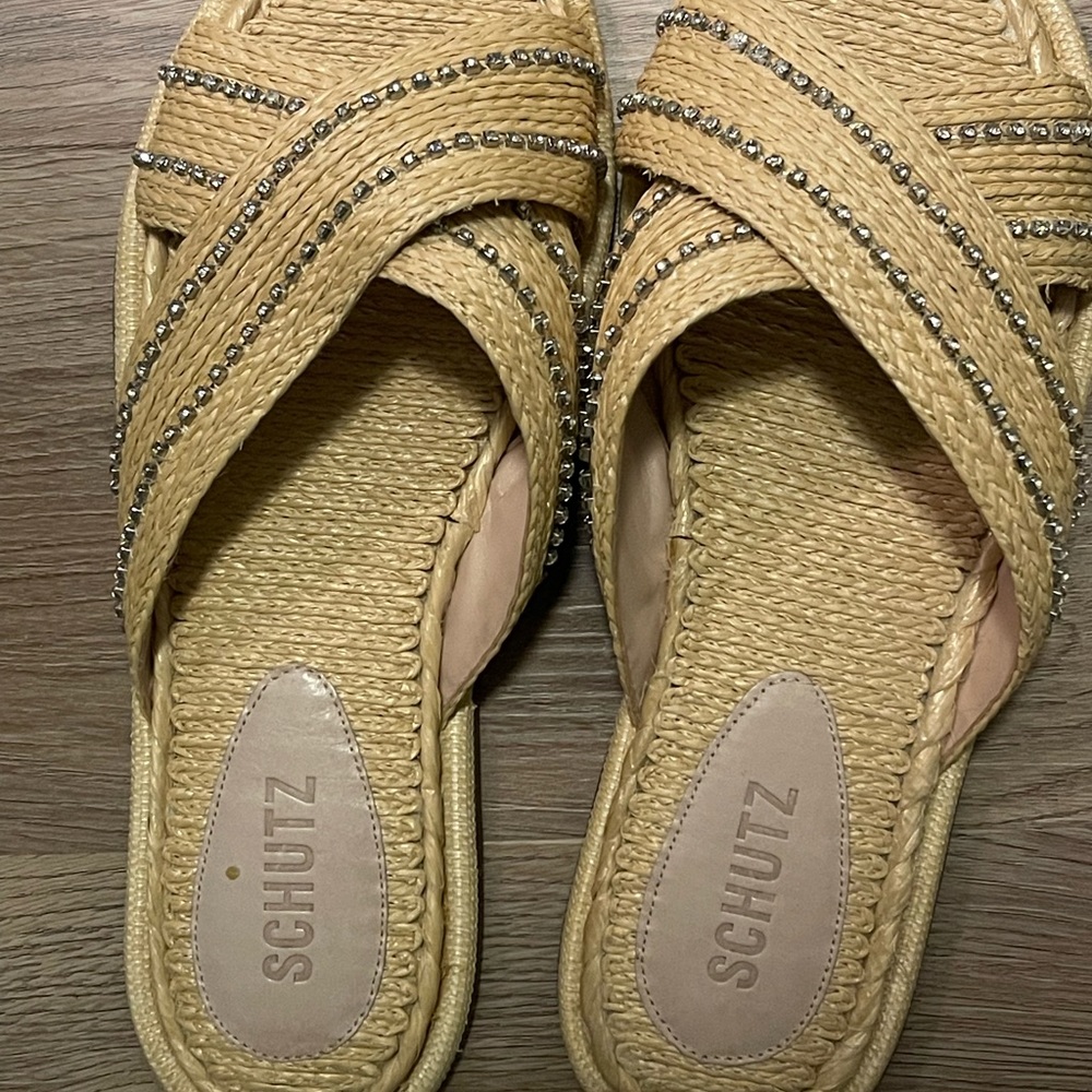 Schutz flat woven sandals with rhinestones